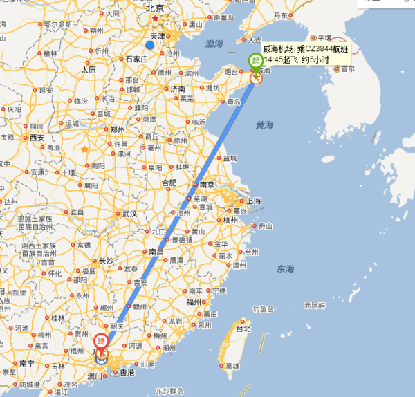 威海到广州飞机地图